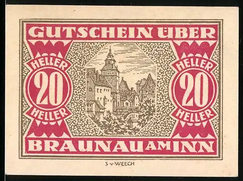 Notgeld Braunau am Inn, 20 Heller, Stadtansicht und Wappen, 1920