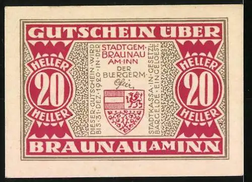 Notgeld Braunau am Inn, 20 Heller, Stadtansicht und Wappen, 1920