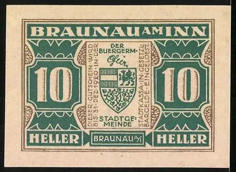 Notgeld Braunau am Inn, 10 Heller, Ratsherr Steininger 1567, Stadtwappen und Inschrift