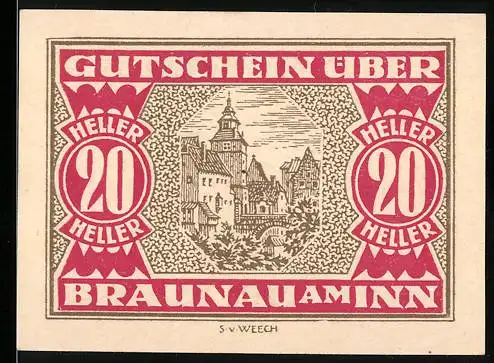 Notgeld Braunau am Inn, 20 Heller, Stadtansicht und Wappen der Stadt Braunau am Inn