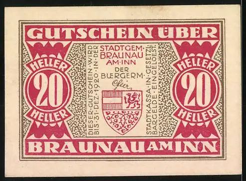 Notgeld Braunau am Inn, 20 Heller, Stadtansicht und Wappen der Stadt Braunau am Inn