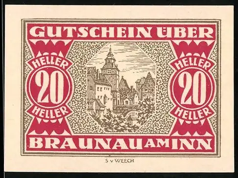 Notgeld Braunau am Inn, 20 Heller, Stadtansicht und Wappen, 1920 gültig bis 31. Dezember