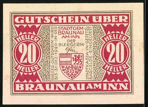 Notgeld Braunau am Inn, 20 Heller, Stadtansicht und Wappen, 1920 gültig bis 31. Dezember