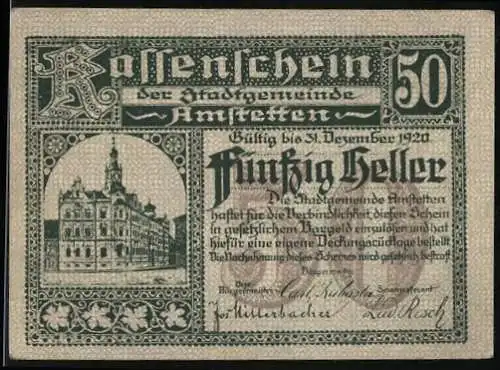 Notgeld Amstetten 1920, 50 Heller, Rathausansicht und Wappen der Stadtgemeinde Amstetten