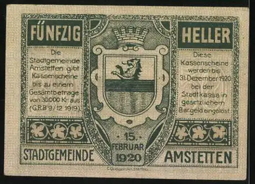 Notgeld Amstetten 1920, 50 Heller, Rathausansicht und Wappen der Stadtgemeinde Amstetten