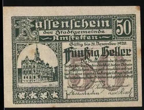 Notgeld Amstetten 1920, 50 Heller, Rathaus und Wappen, gültig bis 31. Dezember 1920