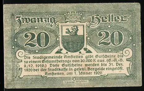 Notgeld Amstetten 1920, 20 Heller, Löwenwappen