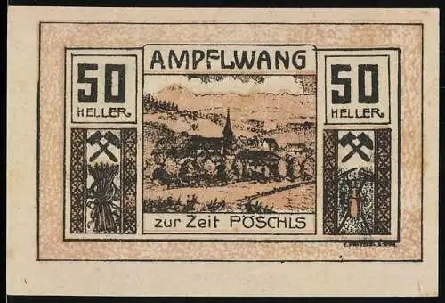 Notgeld Ampflwang 1920, 50 Heller, Landschaft mit Kirche und Bergarbeiter-Symbolik