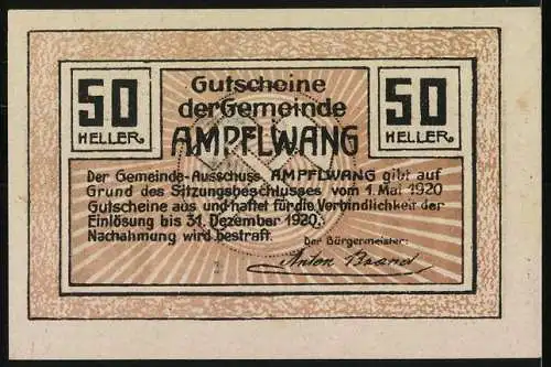 Notgeld Ampflwang 1920, 50 Heller, Landschaft mit Kirche und Bergarbeiter-Symbolik