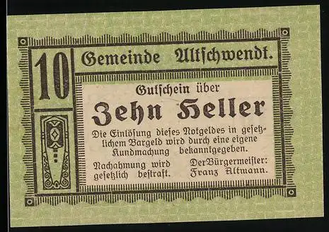 Notgeld Altschwendt 1920, 10 Heller, dekoratives Muster und Text zur Gültigkeitserklärung