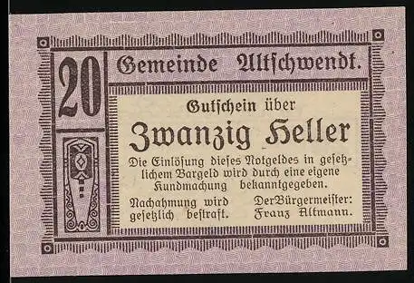 Notgeld Altschwendt 1920, 20 Heller, dekoratives Muster und Text über Ausgabeentscheidung