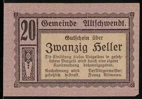 Notgeld Altschwendt 1920, 20 Heller, textbasierter Gutschein mit dekorativem Muster