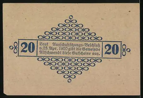 Notgeld Altschwendt 1920, 20 Heller, textbasierter Gutschein mit dekorativem Muster