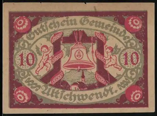 Notgeld Altschwendt 1920, 10 Heller, Glocke mit Engeln und Landschaftsmotiven