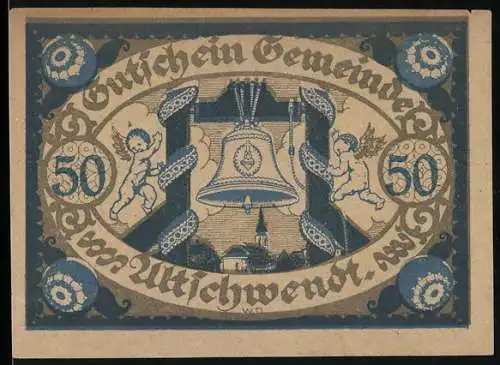 Notgeld Altschwendt 1920, 50 Heller, Glocke mit zwei Engeln und Landschaftsansichten