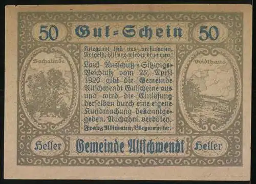 Notgeld Altschwendt 1920, 50 Heller, Glocke mit zwei Engeln und Landschaftsansichten