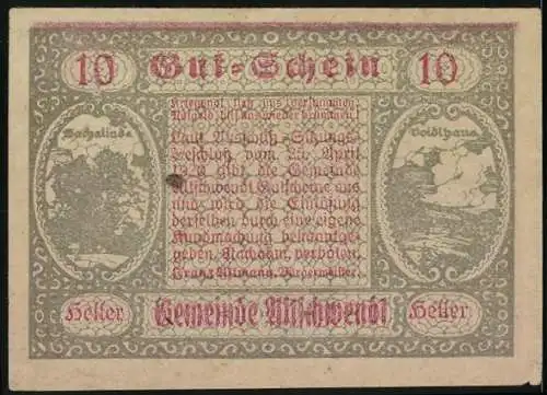 Notgeld Altschwendt, 10 Heller, Glocke mit Engeln und Landschaften