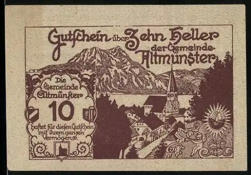 Notgeld Altmünster, 10 Heller, Berglandschaft und Schloss Orth