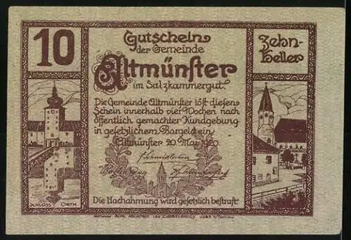 Notgeld Altmünster, 10 Heller, Berglandschaft und Schloss Orth