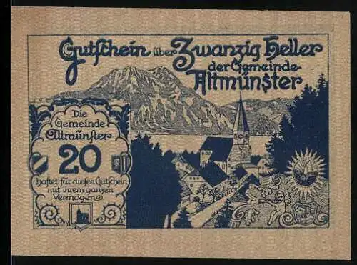 Notgeld Altmünster, 20 Heller, Berglandschaft und Dorfansicht mit Schloss und Kirche