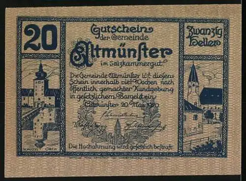 Notgeld Altmünster, 20 Heller, Berglandschaft und Dorfansicht mit Schloss und Kirche