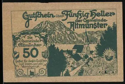 Notgeld Altmünster, 50 Heller, Berglandschaft und Schloss Orth, Kirche mit Dorfansicht