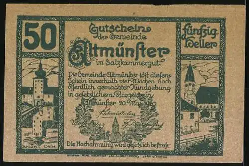 Notgeld Altmünster, 50 Heller, Berglandschaft und Schloss Orth, Kirche mit Dorfansicht