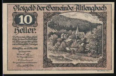 Notgeld Altlengbach 1920, 10 Heller, Dorflandschaft und Textfeld-Motiv