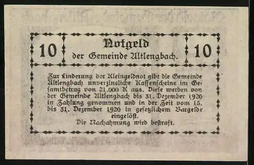 Notgeld Altlengbach 1920, 10 Heller, Dorflandschaft und Textfeld-Motiv