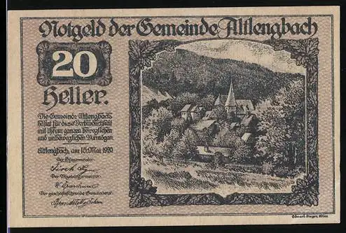 Notgeld Altlengbach 1920, 20 Heller, Dorflandschaft mit Kirche und Hügeln im Hintergrund