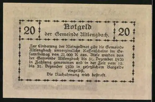 Notgeld Altlengbach 1920, 20 Heller, Dorflandschaft mit Kirche und Hügeln im Hintergrund