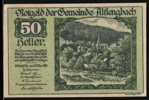 Notgeld Altlengbach 1920, 50 Heller, Dorflandschaft mit Kirche und Hügeln im Hintergrund