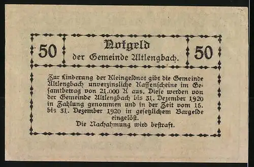 Notgeld Altlengbach 1920, 50 Heller, Dorflandschaft mit Kirche und Hügeln im Hintergrund