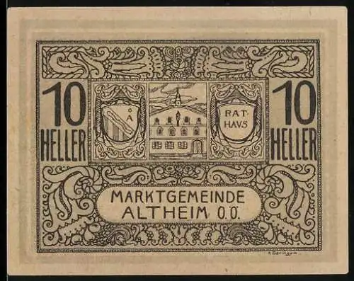 Notgeld Altheim 1920, 10 Heller, Rathaus mit Wappen und dekorativem Rahmen