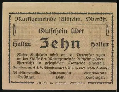 Notgeld Altheim 1920, 10 Heller, Rathaus mit Wappen und dekorativem Rahmen