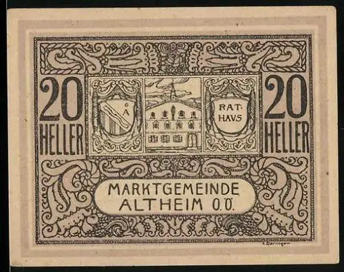 Notgeld Altheim 1920, 20 Heller, Wappen und Rathausmotiv