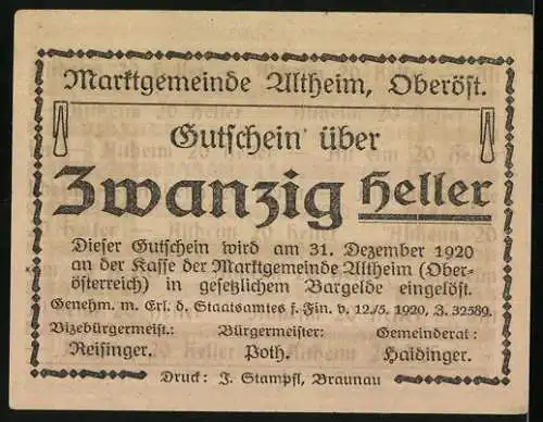 Notgeld Altheim 1920, 20 Heller, Wappen und Rathausmotiv