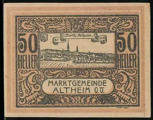 Notgeld Altheim 1920, 50 Heller, Stadtansicht mit Wappen und dekorativem Rahmen