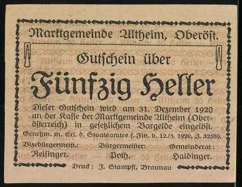 Notgeld Altheim 1920, 50 Heller, Stadtansicht mit Wappen und dekorativem Rahmen