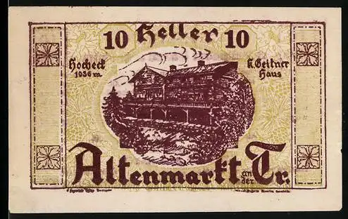 Notgeld Altenmarkt 1920, 10 Heller, K.Geitner Haus und Textgutschein