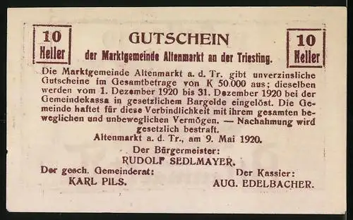 Notgeld Altenmarkt 1920, 10 Heller, K.Geitner Haus und Textgutschein