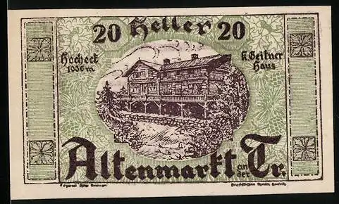 Notgeld Altenmarkt 1920, 20 Heller, K.Geitner Haus und Landschaftsmotiv