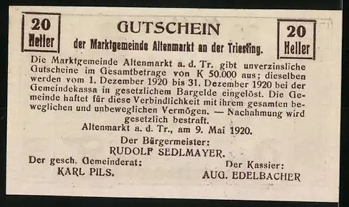 Notgeld Altenmarkt 1920, 20 Heller, K.Geitner Haus und Landschaftsmotiv