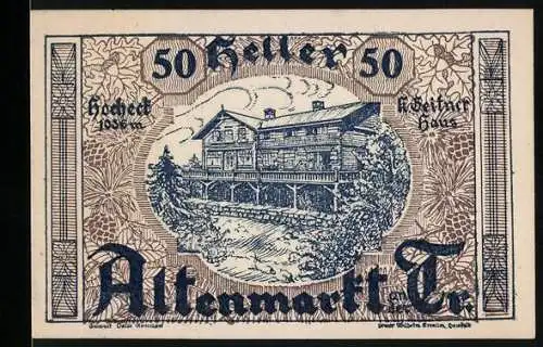 Notgeld Altenmarkt 1920, 50 Heller, Gasthof K.Geitner Haus im Gebirge