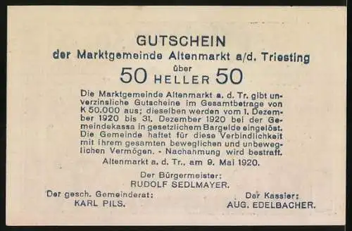 Notgeld Altenmarkt 1920, 50 Heller, Gasthof K.Geitner Haus im Gebirge