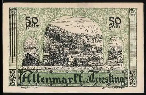 Notgeld Altenmarkt an der Triesting 1920, 50 Heller, Dorflandschaft mit grünen Verzierungen