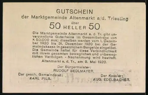 Notgeld Altenmarkt an der Triesting 1920, 50 Heller, Dorflandschaft mit grünen Verzierungen