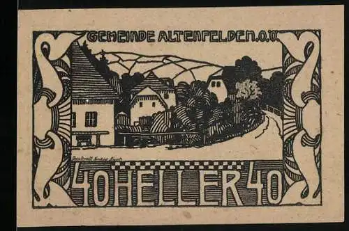 Notgeld Altenfelden 1920, 40 Heller, Landschaft mit Häusern und Turm, eingelöst bis 6.6.1920