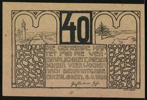 Notgeld Altenfelden 1920, 40 Heller, Landschaft mit Häusern und Turm, eingelöst bis 6.6.1920