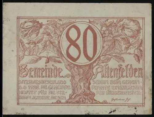 Notgeld Altenfelden 1920, 80 Heller, Landschaft und Kirche, dekorativer Baum mit Wertzahl 80